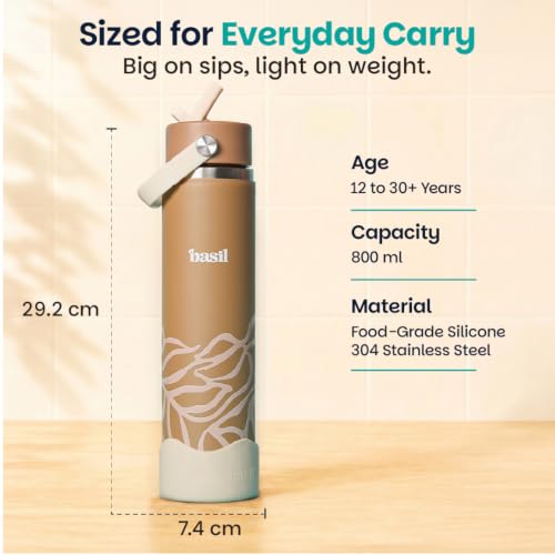 Image of Basil HydraFizz Stainless Steel Insulated Water Bottle for Kids & Adults | 800ml Leakproof Sipper Bottle with Carry Handle | Double Wall Vacuum Thermosteel Bottle for Home, Gym & Travel | Classic Dune