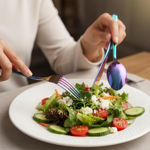 Image of 15 Pcs Rainbow Cutlery Set for Dining Table the Perfect Mirror Polish Hevy Duty Tableware Including Dinner Spoon, Dinner Fork, Dinner Knife, Dessert Spoon & Dessert Fork
