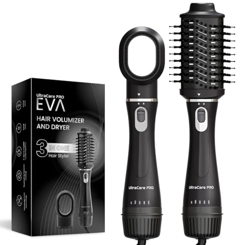 UltraCare PRO EVA Hair Volumizer and Dryer – 3 in 1 Hair styler- Dryer, Straightener & volumizer – 360* Air flow, Ionic technology, charcoal Bristles – Smooth, Frizz-Free, Voluminous Hair, 1200Watt