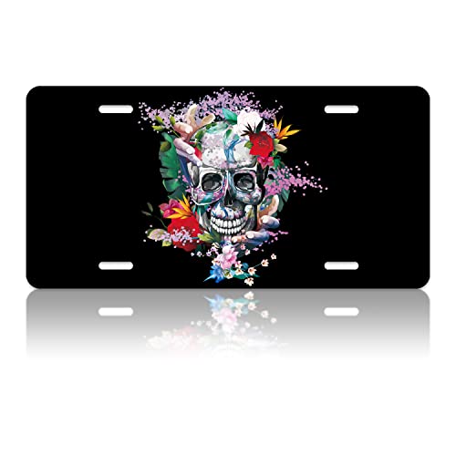 Rose Skull With Flower Car Front License Plate Cover Colorful Candy Skull Floral Personalise License Plate Rust-Proof Stainless Steel Metal Car Plates Tag Novelty Decorative 12.2" X 6.2"Men Women #TOP4