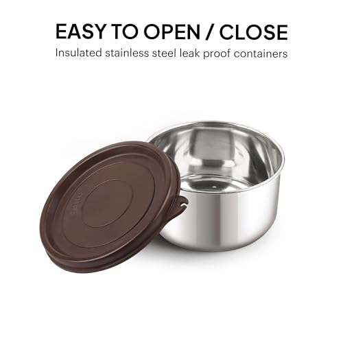 Image of CELLO Bite Buddy Deluxe Set of 3 Pcs Stainless Steel Lunch Box with Bag for Daily Office Use Brown | 2x300ml Round Steel Container, 1x500ml Oval Container, Fork & Spoon Spillproof Airtight Tiffin Box