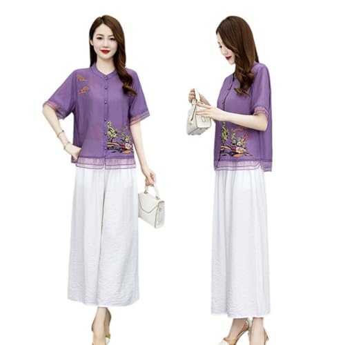 Ensemble haut brodé de style chinois pantalon large confortable