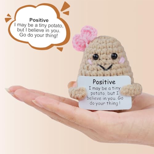 Aolso Lustige Positivitäts-Strickpuppe, gestrickte Puppe mit Positivitätskarte, Glücksgeschenk, lustiges Geschenk, Taschenumarmung, Geburtstagsgeschenk, Party-Dekoration (Kartoffel-Dame)