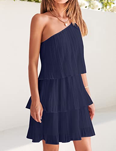 Image of ZESICA Women's Boho Summer One Shoulder Sleeveless Ruffle Tiered Layered Chiffon Pleated A Line Flowy Mini Dress