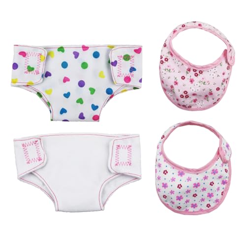 HAOYUNLAI 2 Stück Windeln für Baby Puppen und 2 Stück Puppenlätzchen für Baby Puppen, Zubehör für Puppen 30-43 cm