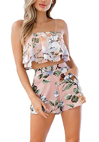 Tute Donna Crop Top + Pantaloncini Due Pezzi Elegante Estate Moda Casual Ragazza Abbigliamento Fashionable Stampato Floreale Smanicato Sling Canotte + Vita Alta Shorts (Color : Pink, Size : M)