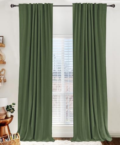100% Blackout Shield Linen Blackout Curtains for Bedroom 84 Inches Long, Back Tab/Rod Pocket Living Room Drapes, Thermal Insulated Blackout Curtains 2 Panels Set, 50" W x 84" L, Moss Green