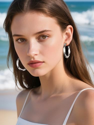 Image of Stainless Steel Chunky Hoop Earrings For Women, Minimalist and Chic, Black /Gold Plated, Round Hoops Earrings Hypoallergenic, Size: 30mm /40mm /60mm /80mm, Come with Box