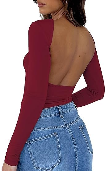 ForeFair Women Sexy Backless Short Sleeve Slim Fit Crewneck Summer Casual Y2K Crop Tee