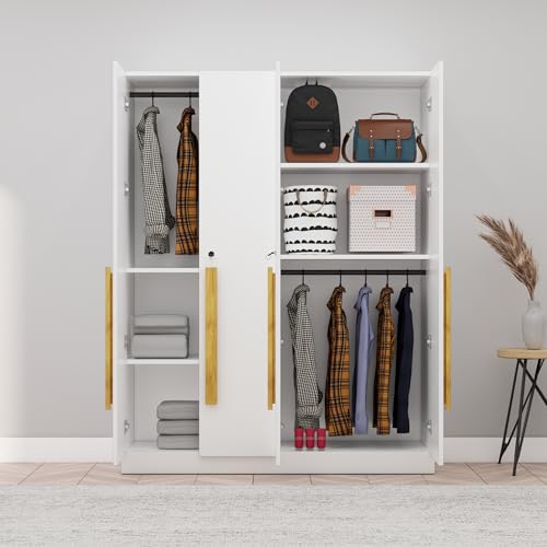 Image of Bniture 4 Door Wardrobe for Bedroom with Lockable Door & Hanging Space | Almirah for Clothes with Elevated Bottom Base | Wardrobe for Storage Cupboard | 3 Years Warranty (Frosty White, 4 Door)
