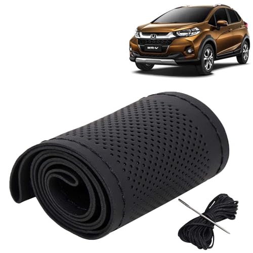 Image of KINGSWAY PU Leatherite Car Steering Cover Sewable Compatible with Honda WRV (Year 2020 Onwards), Black Color with Black Thread, Pack of 1 with Sewing Needle and Thread