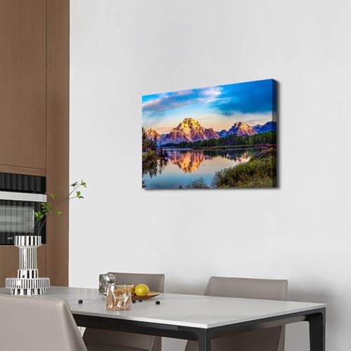 Image of Snowy Mountain Canvas Wall Art for Living Room Decor Nature Sunset Landscape Wall Paintings American Grand Teton National Park Panoramic Photography Pictures Prints Artwork Bedroom Decoration 16x24 inch