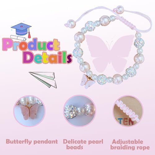 Kindergarten/Preschool Graduation Gift for Girls, Pink Pearl Butterfly Charm Adjustable Girls Bracelet, Graduation Gift for Girls3
