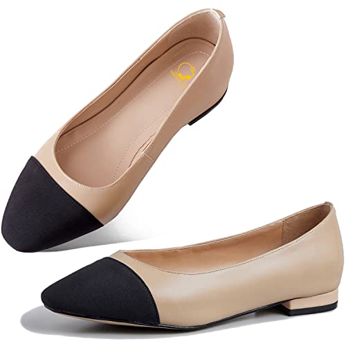 SHODENSE Women Cap Toe Flats Shoes Slip On Two Tone Square Round Toe Ballet Flats Comfortable Matte Leather Flat Heel Dress Shoes Patchwork Elegant Daily Casual Fall Driver Office Flats 4-11 M US