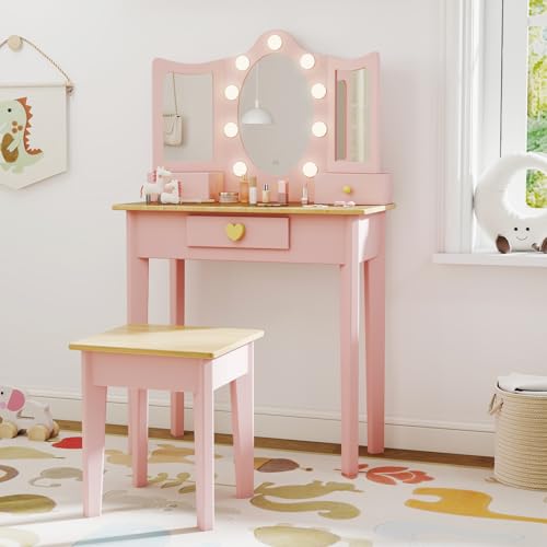 labebe Kids Vanity, Girls Vanity Desk with LED Changing Lights, Pretend Play Princess Vanity Set, Wooden Toddler Makeup Desk Dressing Table with Drawer and Chair (Pink)