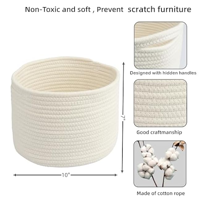 Woven Cotton Storage Baskets - 3-Pack Round Bins (10x10x7'') for Shelves, Closets & Bookcases | Durable Rope Organizers for Nursery, Baby, Toys, Easter & More (white)
