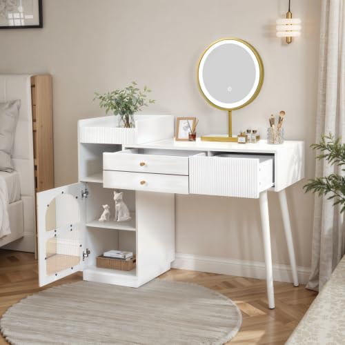 Tocador con espejo iluminado LED mesa cosmética moderna blanca extensible para dormitorio