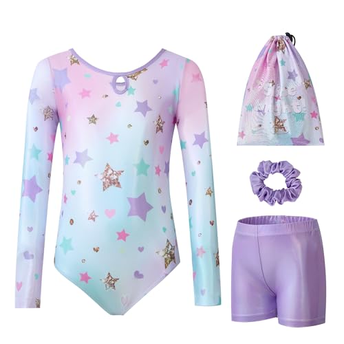 Tstiti Gymnastics Leotards for Girls Long Sleeve Outfit with Shorts and Bag