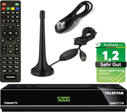Telestar TT7 DVB-T2 Receiver + 3 Monate Freenet GRATIS + DVB-T Antenne + netshop 25 HDMI Kabel, HDTV, PVR Ready, HD USB Mediaplayer, HDMI (Hybrid Receiver für DVB-T2 und Kabel TV)