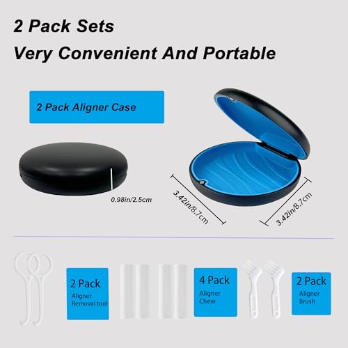 ACSKD 2 Pack Aligner and Retainer Case,Compatible with Invisalign,Mouthguard Case Kits, Portable Aligner Cases with Chew Remover Tool and Brush, Black — view 3