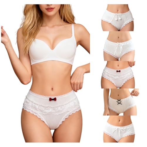 CHERSE Womens Underwear for Women 5 Packs Panties Briefs Cute Cotton Kawaii Japanese-Style Lace Bowknot (Medium,White)