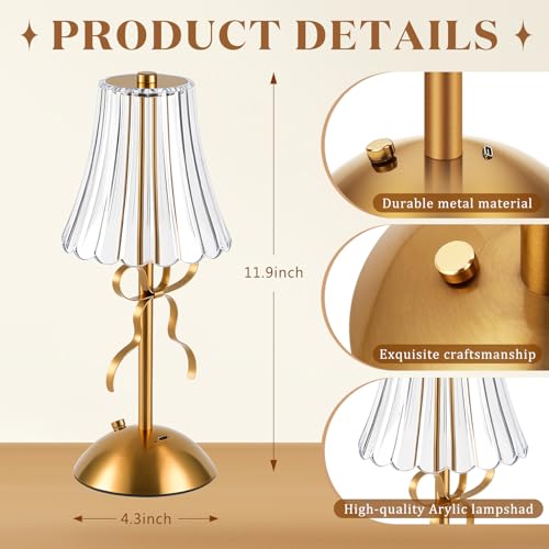 Image of Liliful 2 Pcs Cordless Table Lamp Rechargeable Touch LED Small Gold Portable Battery Operated USB-c Desk Lamp 3 Color Dimmable for Bedroom Living Room Dining (Gold,Bow Rose Style)