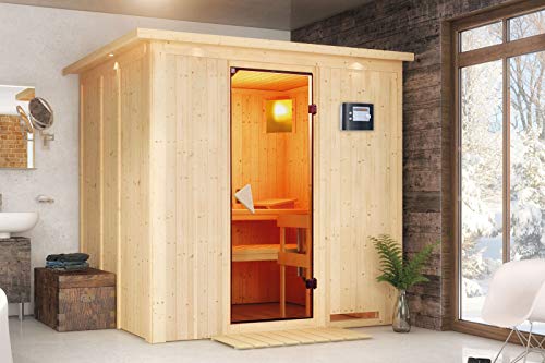 Daria- Karibu Sauna Plug & Play SPARSET inkl. 3, 6 kW Ofen, Dachkranz, Leuchte, Zubehör- Set