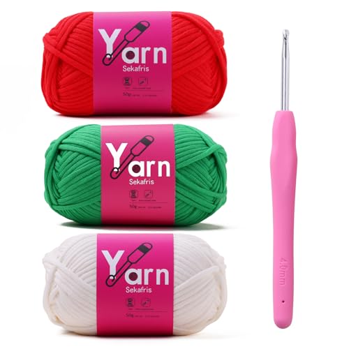 Image of Crochet Yarn 150g /163.5yds Cotton Yarn for Crocheting - Crochet Knitting Yarns for Beginners with Easy-to-See Stitches - Yarn for Crocheting - Chunky Yarns (Crimson+Christmas Green+White