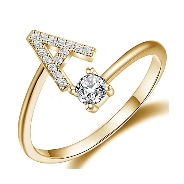 Haoze Initial Letter Ring for Women Girls Gold Stackable Alphabet Rings with Initial Adjustable Crystal Inlaid Initial Rings Bridesmaid Gift