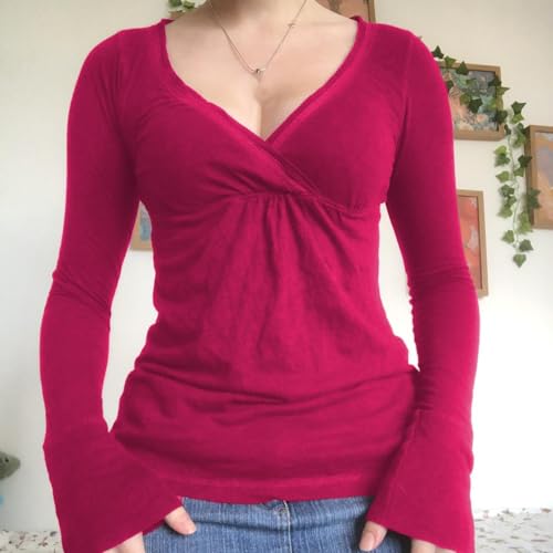 Image of Women Fairy Grunge Aesthetic Shirts Tops Long Sleeve V Neck Tops Girl Basic Slim Fit Blouse Streewear