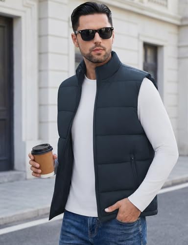 Image of WHN Men's Casual Puffer Vest Lightweight Full Zip Up Work Sleeveless Jacket Stand Collar Outerwear with 3 Pockets