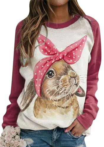 Image of Women's Easter Basic Sweatshirt Crew Neck Long Sleeve Sweatshirt Casual Loose Sweatshirt with Rabbit Print