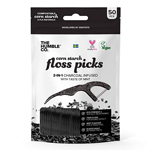Humble Natural Dental Floss Picks - Flossers - Palillos de seda dental - carbón activado - 2 x 50 paquetes