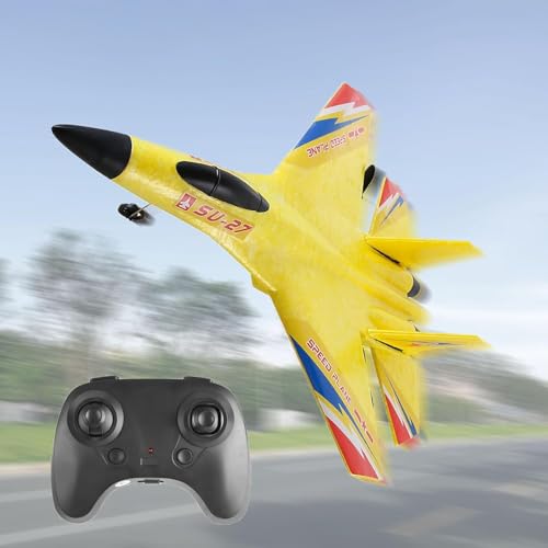Image of 2.4GHz 2CH Remote Control Airplane RC Glider for Beginner Adult Kids, Easy to Fly EPP Foam RC Aircraft Fighter with LED Light (Yellow)