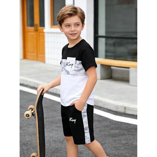 Image of Size 6-12 Years Boys Summer Outfits Set Kids Short Sleeve Top T-Shirt & Shorts Color Block Clothing Sets