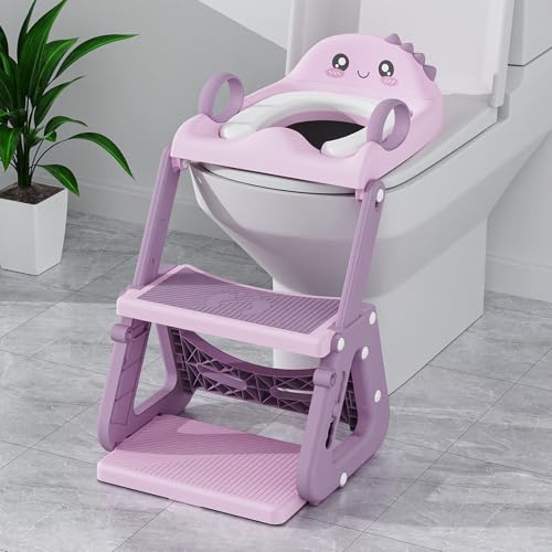 Potty Training Seat Upgrade 2 in 1 Potty Training Toilet with Step Stool Foldable Toddler Toilet Seat for Kids Boys Girls Toddler Potty with Splash Guard Anti-Slip Pad Adjustable Ladder & Seat Height