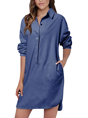 Auxo Women's Casual Long Sleeve Shirt Mini Dress Lapel Collar Neck Button Down Tunic Tops Blouse with Pocket 01-Blue X-Large