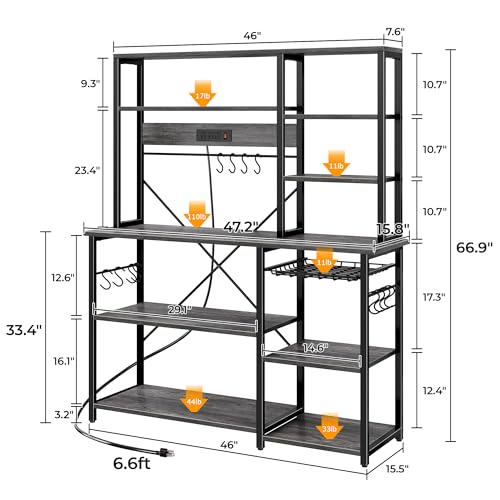 Image of SUPERJARE Larger Bakers Rack with Power Outlets, 6-Tier Microwave Stand, Coffee Bar with 12 S-Shaped Hooks, Kitchen Shelf with Wire Basket, 47.2 x 15.5X 66.9 Inches, Grey