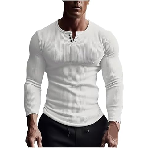 Henley Men's Long Sleeve Tops Plain Elastic Ribbed Muscle Fit Sport Cotton Tee Shirt Casual Shirt Tops Cover