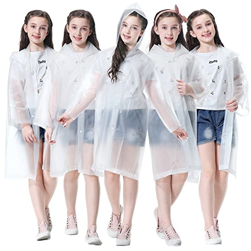 Image of Rain Poncho for Kids Boys Girls - 2 Pack Reusable Waterproof Rain Coat Jacket for Teen Disney, Clear Pink Yellow Blue Purple