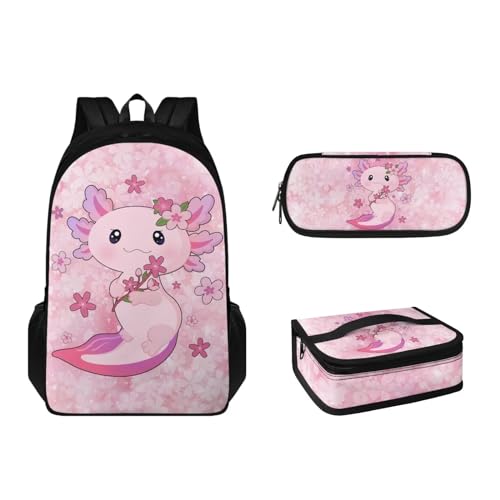 Zaini per bambini per la scuola media elementare 3 in 1 grande capacità con borsa termica per il pranzo e astuccio per matite Axolotl ai fiori di ciliegio