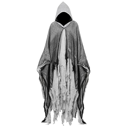 ALINILA Disfarce Halloween homem terror: Fantasma costume Halloween capa com capuz - disfarce Grim Reaper bruxa fantasma para adulto homem mulher (cinzento)