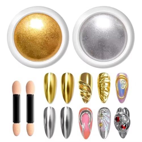 BISHENGYF 2 Cajas Efecto Espejo Uñas Polvo, Cromo Plateado Pigmento en Polvo y Cromo Dorado en Polvo, Glazed Donut Nails Art Glitter, Chrome Powder Nails Con 4 Palos de Sombra de Ojos