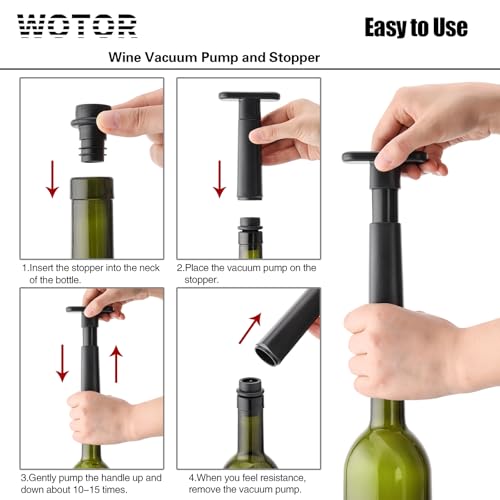 Image of WOTOR Wine Saver Vacuum Pump with 4 Stoppers, Wine Stopper & Preserver, Reusable Bottle Sealer Keeps Fresh, Ideal Accessories Gift (Flat Handle)