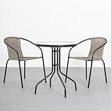 [MESA REDONDA DE CRISTAL Y ACERO] La mesa redonda de jardín tiene la encimera de resistente cristal templado de seguridad, de grosor 5 mm., realizada con vidrio transparente esmerilado, formando aguas, un práctico acabado que disimula las manchas y el polvo, tiene una sólida estructura fabricada con resistente y duradero acero tubular de Ø 22 mm., con cubierta de resina Epoxi anticorrosión y lacada.