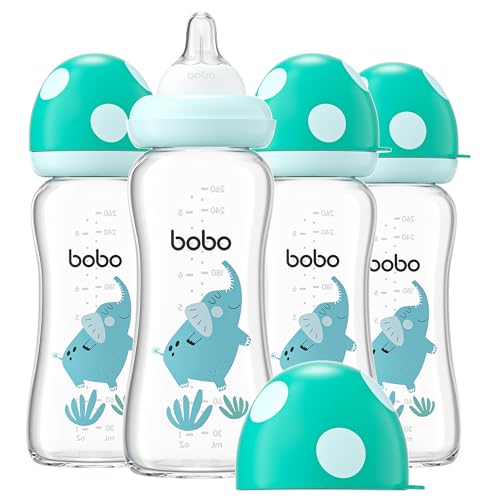 Image of YOHKOH Natural Glass Baby Bottle with Natural Response Nipple, Newborn Anti-Colic Baby Bottles, Wide Neck Mushroom Cap Baby Bottle, Clear (8.8ounce (Pack of 4), Blue2)