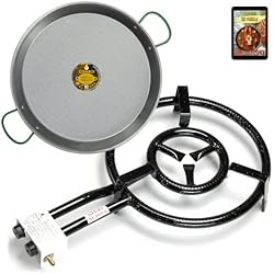 Paellero De Gas De Tres Fuegos COMBOI Paellero de gas butano 40 cm paellera 42 cm y libro de recetas digital, quemador de gas de tres roscos.