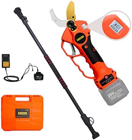 Cordless Pruning Shears, Electric Pruner with 6.7 Foot Telescopic Extension Pole, 25V Lithium Battery, SK5 Blades, 1.6 Inch Cutting Diameter, LCD Display Screen