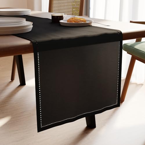 Encasa XO Camino de Mesa | Puro Algodón con Diseño Hilvanado | Tamaño 32x150 cm | Negro - Lavable a Máquina