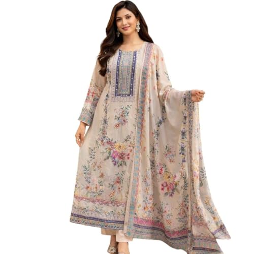 Image of Floral Pakistani Lawn Suit for Women - Embroidered Tunic with Dupatta